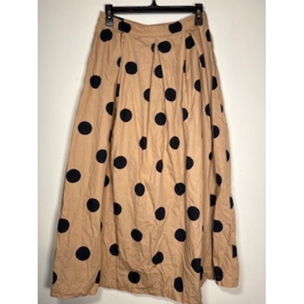 WHO WHAT WEAR Midi Skirt 4 Tan Black Polka Dot Button Front Cotton Retro A-Line - Picture 4 of 7